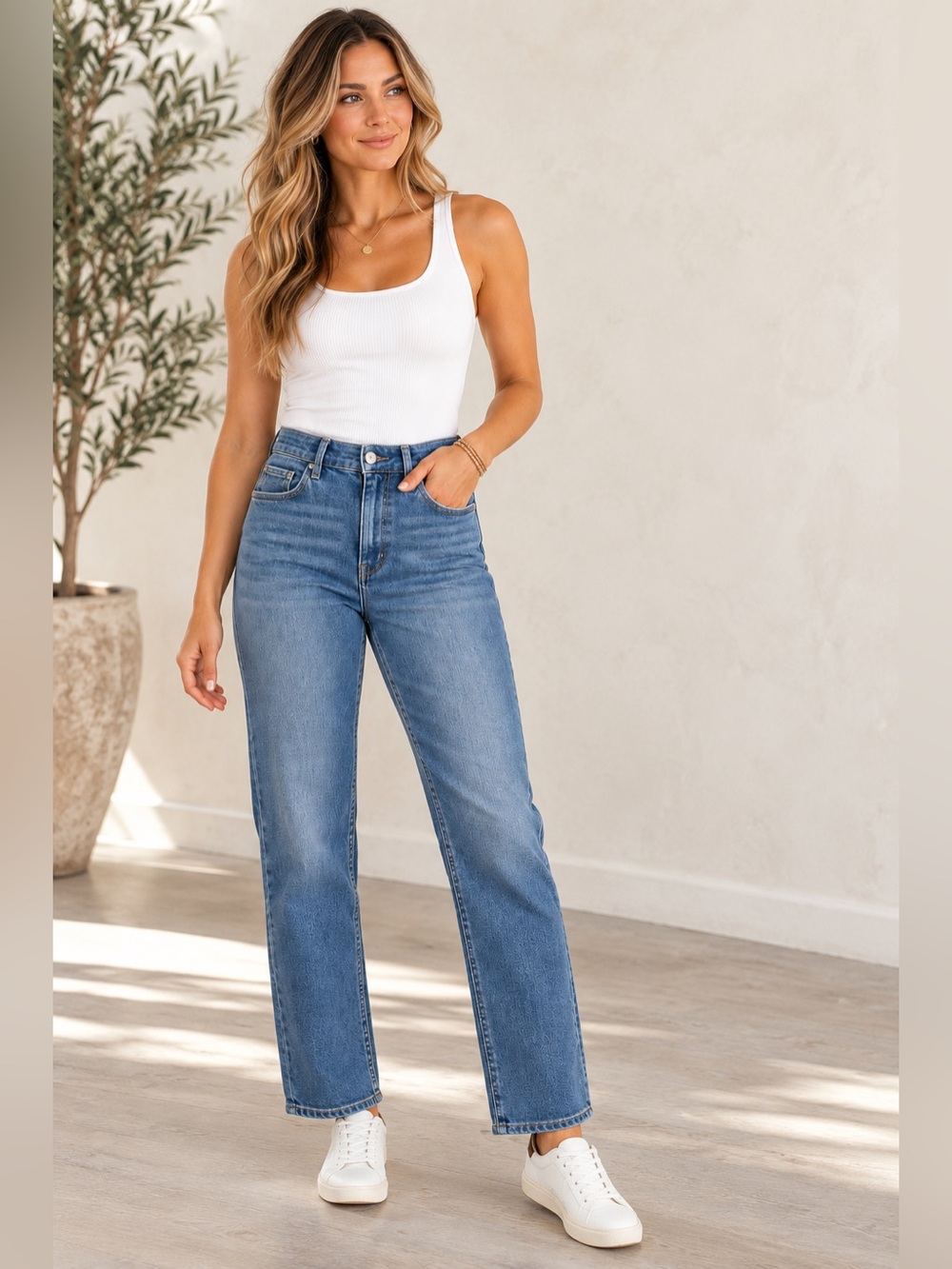 Indigo Six High Rise Straight Leg Jeans Size 4 Medium Wash Stretch Denim